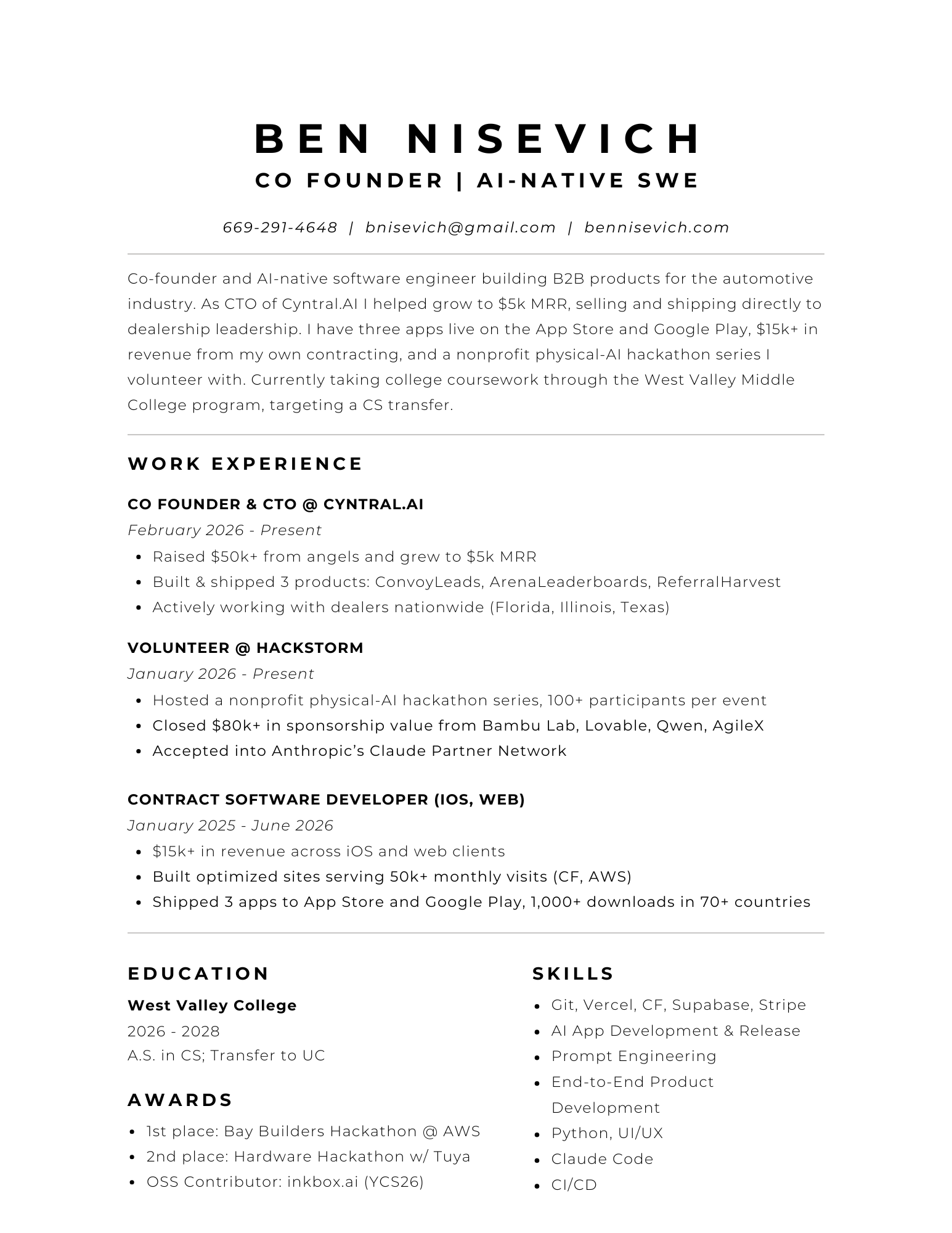Ben Nisevich resume — co-founder and AI-native software engineer, CTO of Cyntral.AI